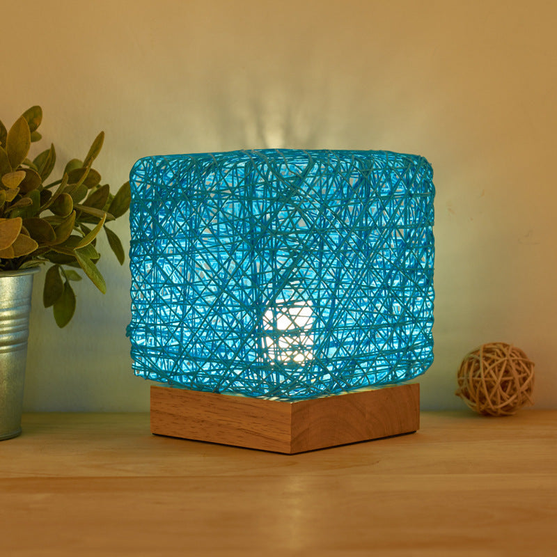 Deals Plus Hand-Knit Dimmable Square Wood Rattan Twine USB Charging Table Lamp