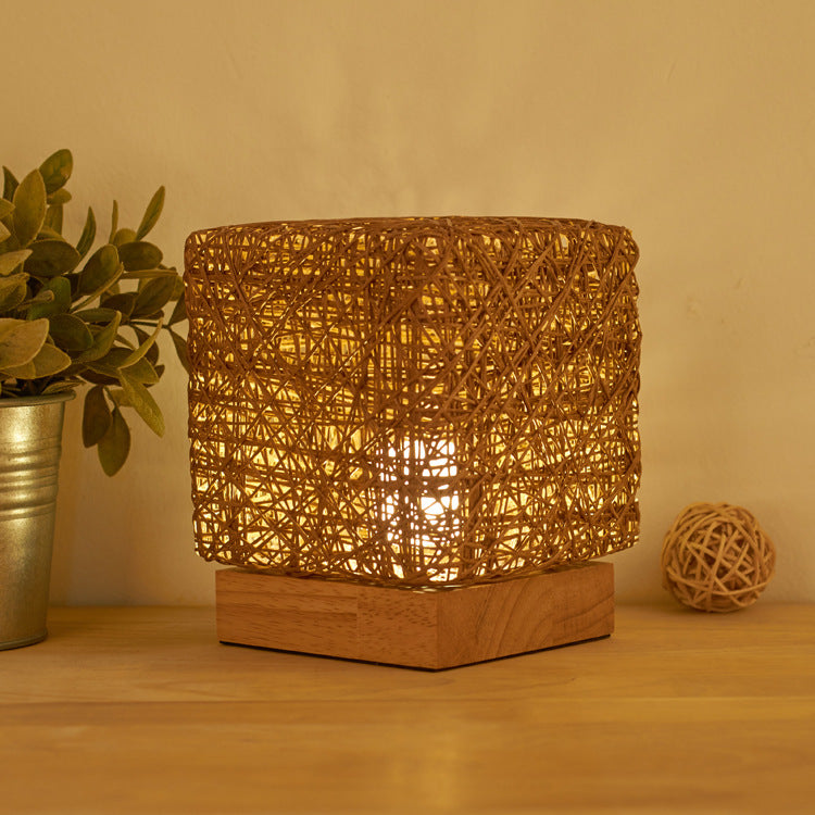 Deals Plus Hand-Knit Dimmable Square Wood Rattan Twine USB Charging Table Lamp