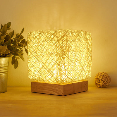 Deals Plus Hand-Knit Dimmable Square Wood Rattan Twine USB Charging Table Lamp